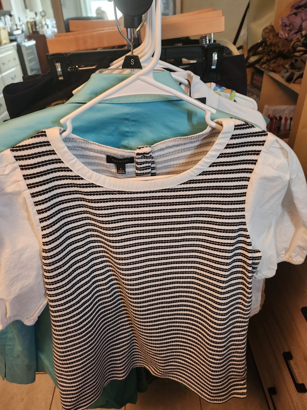 Talbots Black and White Striped Short Sleeve Knit Top
